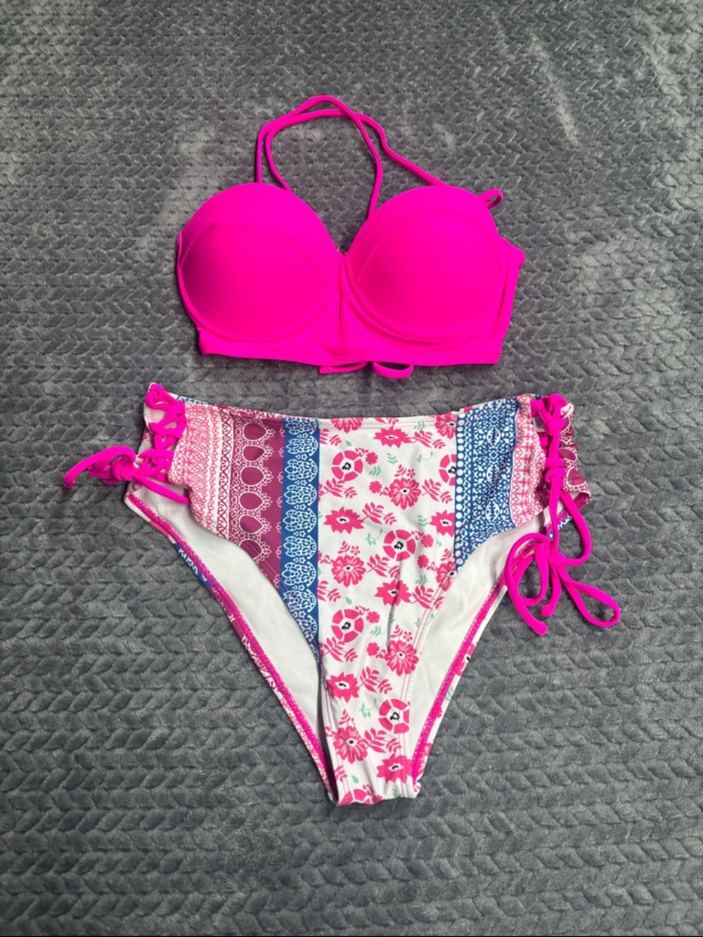 Bright Pink Padded Bikini Top with Floral-Print Tie-Side Bottoms